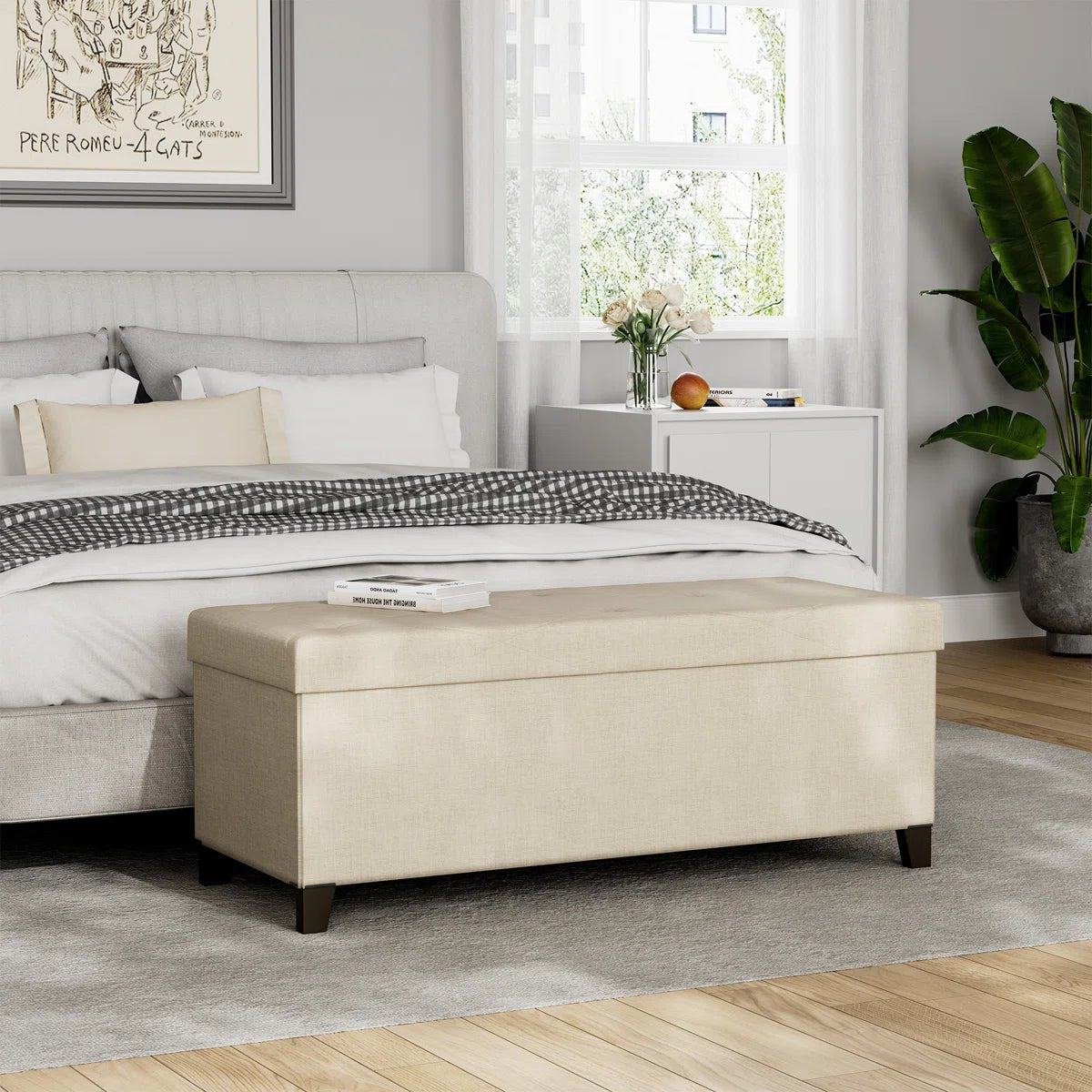 Upholstered Storage Bench with Solid Wood Legs - Light White/SW9704BKWI