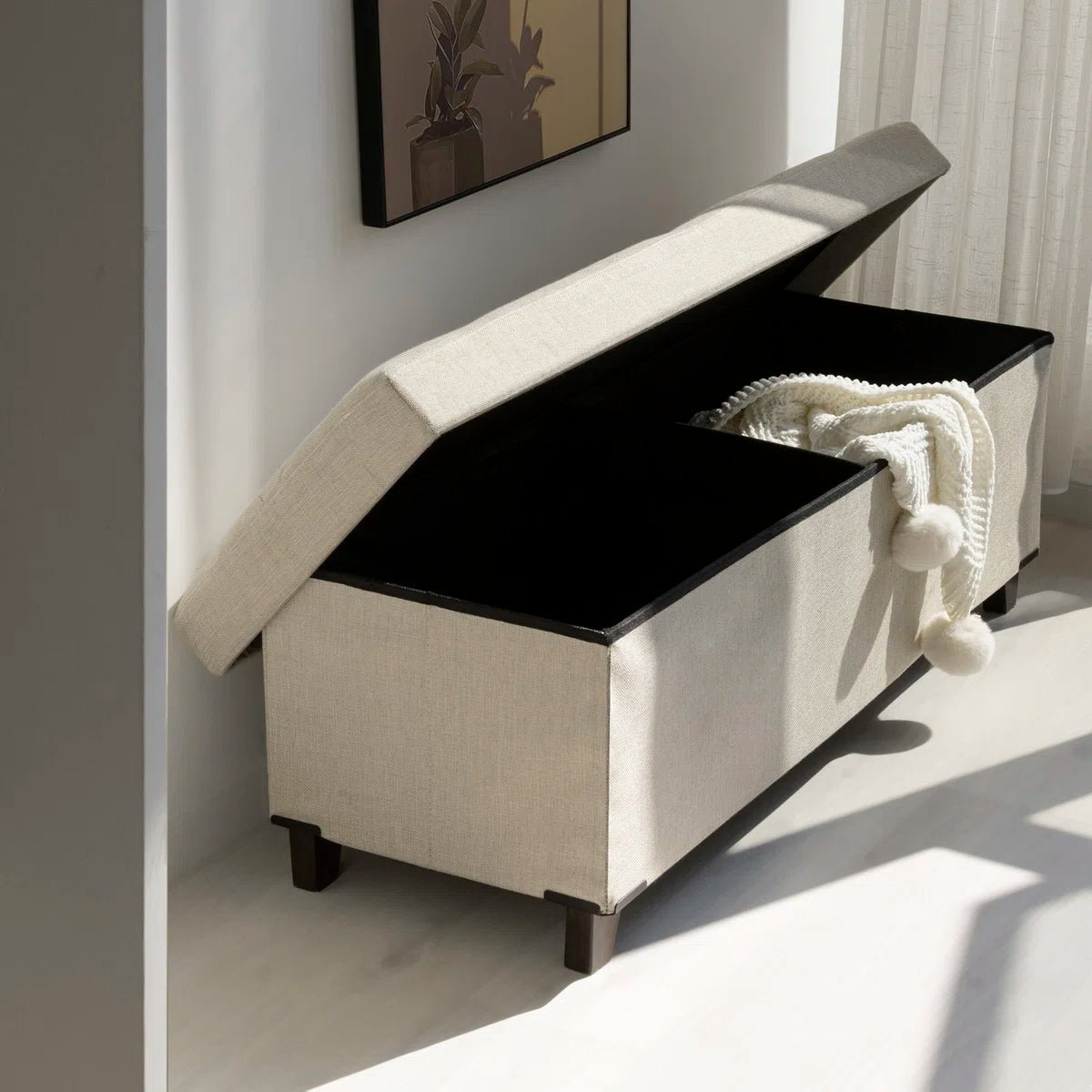 Upholstered Storage Bench with Solid Wood Legs - Light White/SW9704BKWI