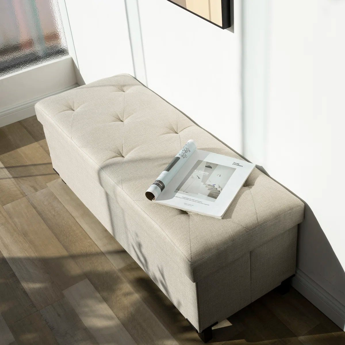 Upholstered Storage Bench with Solid Wood Legs - Light White/SW9704BKWI