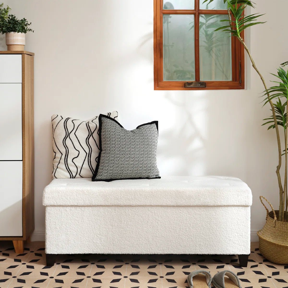 Upholstered Storage Bench with Solid Wood Legs - White/SW9704BKWR