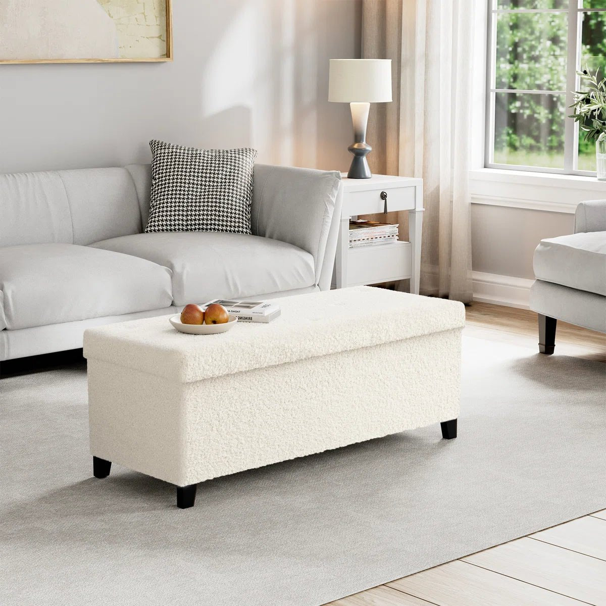 Upholstered Storage Bench with Solid Wood Legs - White/SW9704BKWR