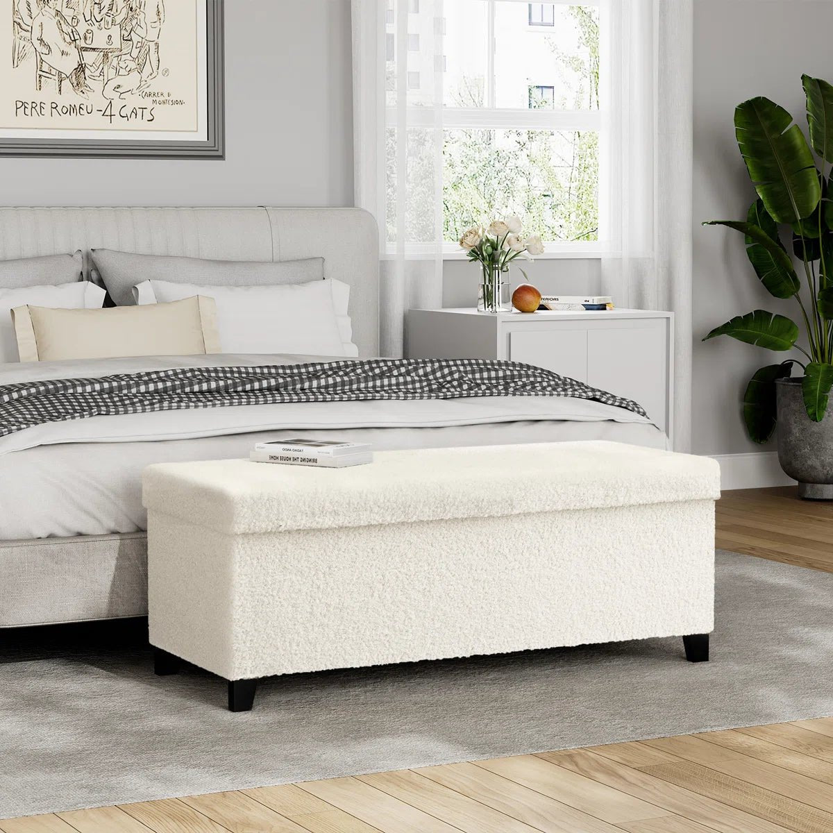 Upholstered Storage Bench with Solid Wood Legs - White/SW9704BKWR