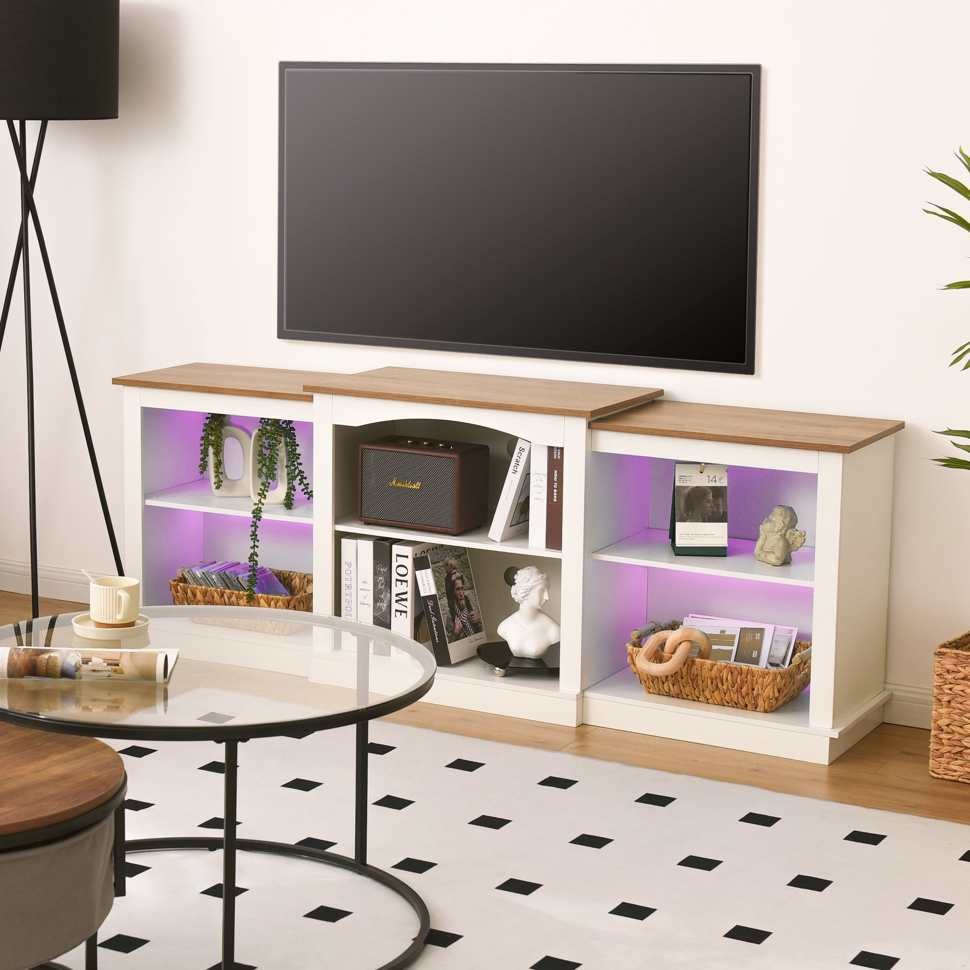 Wood LED Lightning Entertainment Center with Adjustable Shelves Fit for TVs up to 80" -/